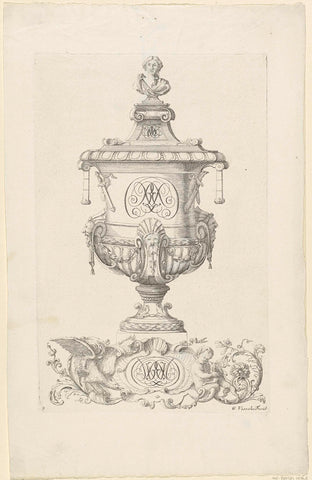 Garden vase with monogram and at the bottom a cartouche with monogram, Gerrit Visscher, 1690 - 1710 Canvas Print