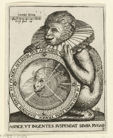 Monkey with mirror, Johann Theodor de Bry, 1596 Canvas Print