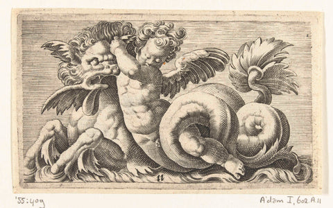 Putto, sitting on a sea lion, Adam Fuchs, c. 1526 - 1606 Canvas Print