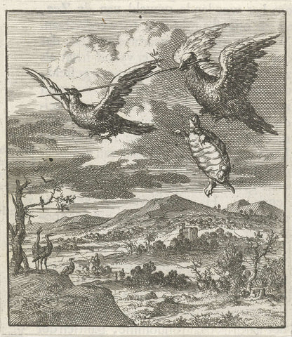 Two birds fly together a stick to which a turtle held itself, Jan Luyken, 1693 Canvas Print