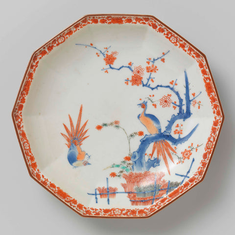 Decagonal dish with brushwood fences, bamboo, prunus and pheasants, anonymous, c. 1680 - c. 1700 Canvas Print