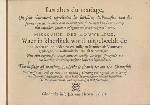 Title page for: Les abus du mariage / Misbruick des houwelycx / The mistake off matrimony, 1641, Crispijn van de Passe (II), 1641 Canvas Print