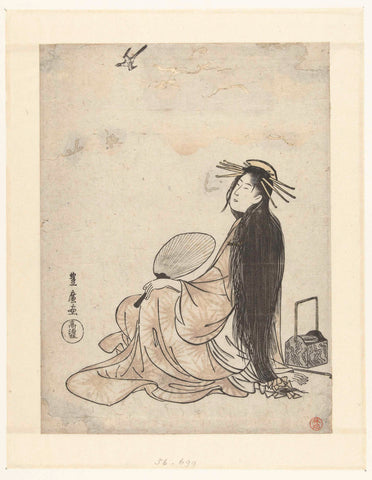 Courtesan with fan and smoking utensils looking up at cuckoo, Utagawa Toyohiro, 1798 - 1802 Canvas Print