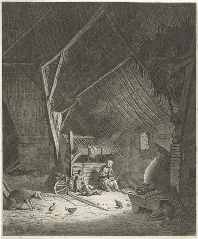 Interior of a barn with mother and two children, Jacob Louys (1620-ca.1673), 1630 - 1673 Canvas Print
