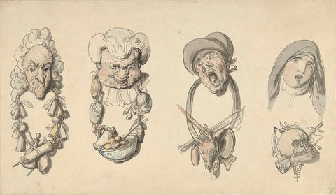 Four Caricatural Heads, Thomas Rowlandson, 1795 - 1800 Canvas Print