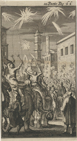 Parade on elephants with music and fireworks on the occasion of the wedding of the daughter of the governor of Suratte, Jan Luyken, 1689 Canvas Print