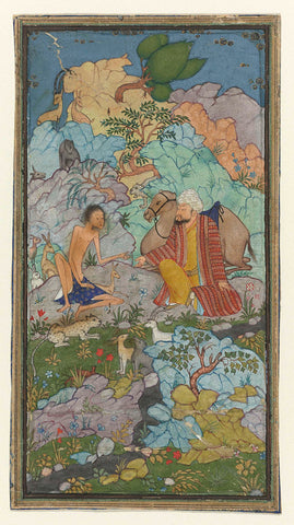 Episode from the love story of Laila and Majnun, the emaciated Majnun sits in a landscape with a man and his camel, anonymous, c. 1500 - c. 1700 Canvas Print