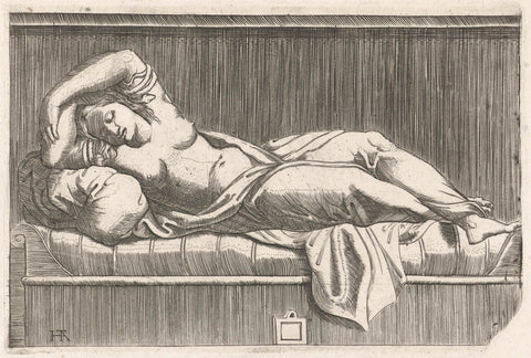 Cleopatra half-naked lying on the bed, Marcantonio Raimondi, 1525 - 1575 Canvas Print