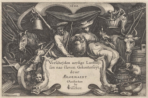 Farmer and farmer's sin between agricultural tools and horse and cow as a frame of cartouche with verse, Claes Jansz. Visscher (II), 1620 Canvas Print