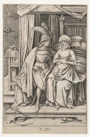 Couple seated on a four-poster bed, Israhel of Meckenem, 1475 - 1503 Canvas Print