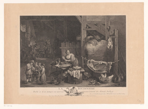 Interior with a woman making sausage, Jacques-Philippe Le Bas, 1747 Canvas Print