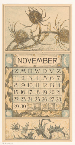 Calendar sheet November with thistle, Theo van Hoytema, 1913 Canvas Print