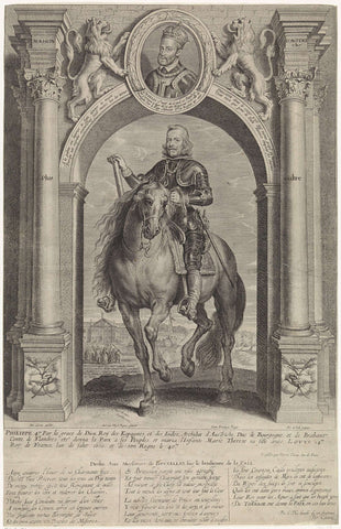 Equestrian portrait of Philip IV, King of Spain, under triumphal arch, Pieter de Jode (II), 1628-1670 Canvas Print