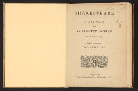Shakespeare a reprint of his collected works as put forth in 1623, William Shakespeare, 1862 Canvas Print