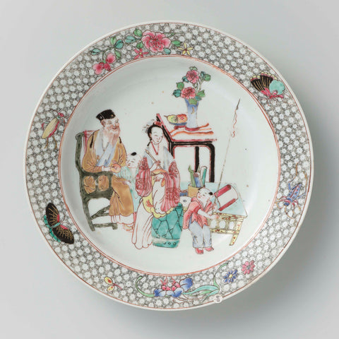 Soup plate with an old man, a woman and two boys among precious objects, anonymous, c. 1800 - c. 1899 Canvas Print