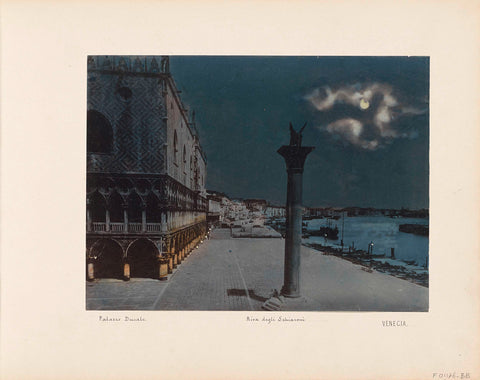 Riva degli Schiavoni, pillar with lion statue and the Doge's Palace in Venice at night, anonymous, 1850 - 1876 Canvas Print