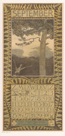 Calendar sheet September with tree and falcon, Theo van Hoytema, 1903 Canvas Print