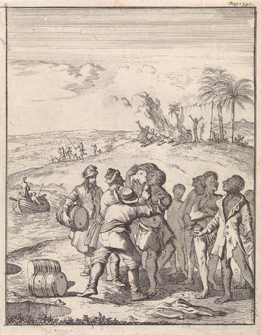 European sailors try in vain to make Aboriginals carry barrels, Caspar Luyken, 1698 Canvas Print