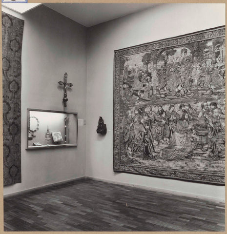 Room with tapestries, a crucifix and a display case with liturgical objects, 1961 Canvas Print