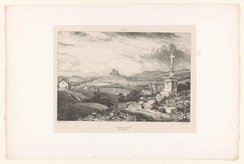 Road cross with hiker and view of lardeyrol castle, Eugène Isabey, 1832 Canvas Print