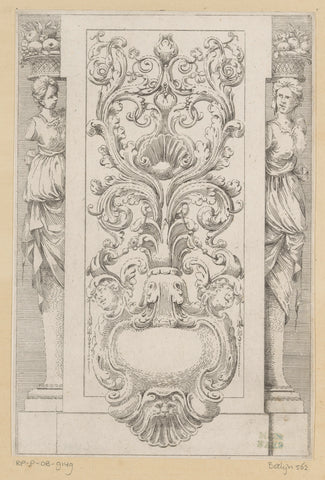 Cartouche with arabesques between two caryatides with fruit baskets on the head, Agostino Mitelli, 1636 Canvas Print