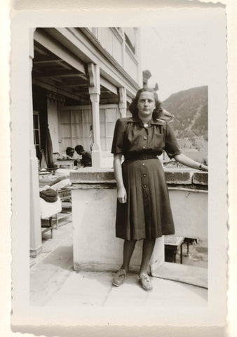 Isabel Wachenheimer standing in dark clothing in front of the Jewish sanatorium Etania in Davos, 1945-1947, anonymous, 1945 - 1947 Canvas Print