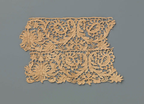 Strip of brown needle lace consisting of two strips sewn together with an emperor's crown-like flower between acanthus leaves, anonymous, c. 1872 - c. 1899 Canvas Print