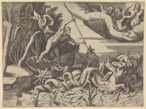 Neptune in his chariot, Giulio Bonasone, 1501 - 1580 Canvas Print