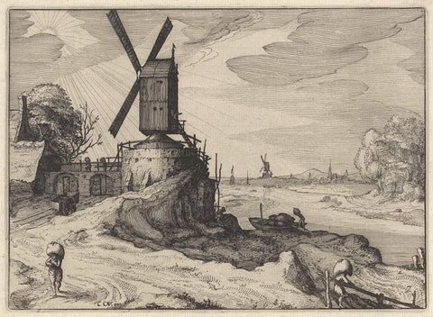 Mill by a river, Claes Jansz. Visscher (II), 1613 Canvas Print