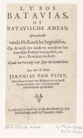 Title page for: L.V. Bos, Batavias, of Batavische Aeneas, Amsterdam, 1648, Jacob Lescaille, 1648 Canvas Print