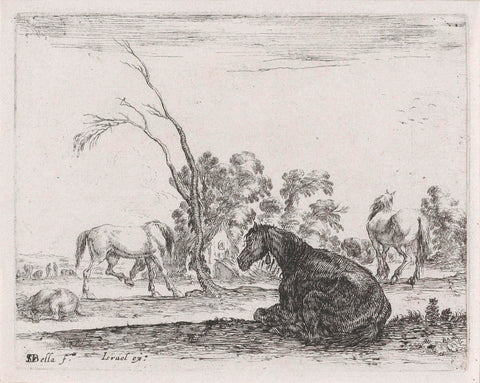 Horses in a landscape with a barren tree, Stefano della Bella, 1642 Canvas Print