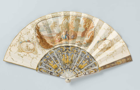 Folding fan with a paper leaf on which, in watercolor, a central medallion with Diana and her nymphs resting by a river, mounted on a frame of openwork and carved ivory with 'métal en quatre couleurs', anonymous, c. 1780 Canvas Print