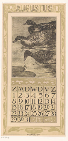 Kalenderblad augustus met drie zwemmende eenden, Theo van Hoytema, 1908 Canvas Print