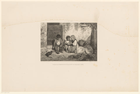 Three children sitting in front of a door, Frederik Hendrik Weissenbruch, 1856 Canvas Print