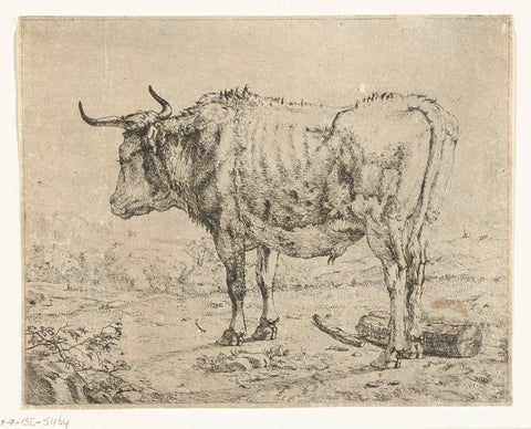 Standing bull, block of wood by legs, Marcus de Bye, 1657 - 1688 Canvas Print