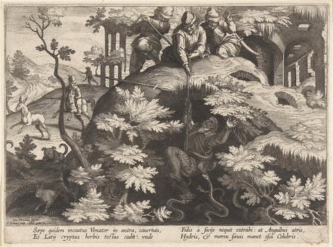 Hunter caught in pit, Jan Collaert (II), 1594 - 1598 Canvas Print