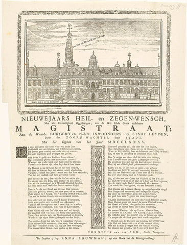 New Year's print of the tower guard of Leiden for the year 1785, anonymous, 1784 - 1785 Canvas Print