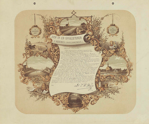 Commemorative print dedicated by Jan Pieter Heije to the in- and set-up at Abbenes (Haarlemmermeer), 1875, J. Postma, 1875 Canvas Print