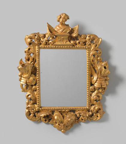 Frame of gilded wood with carvings with mirror, anonymous, 1700 - 1725 Canvas Print