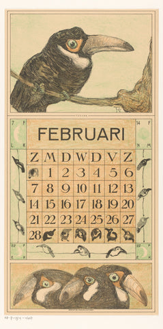 Calendar sheet February with toucan, Theo van Hoytema, 1914 Canvas Print