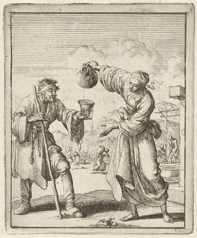 Woman pours a beggar wine, Jan Luyken, 1687 Canvas Print