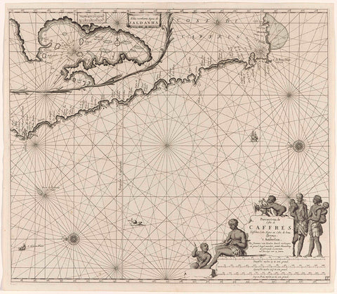 Pass map of the coast of Namibia and South Africa, Jan Luyken, 1683 - 1799 Canvas Print