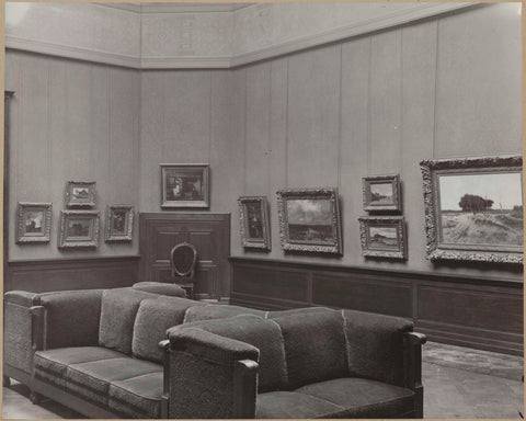 Room with ten paintings, on the right a landscape with a flock of sheep, c. 1910 - c. 1930 Canvas Print