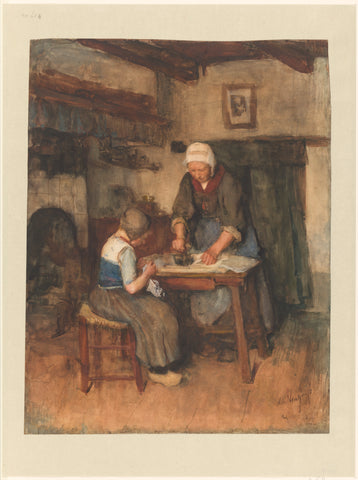 Interieur met strijkende vrouw en naaiend kind, Albert Neuhuys (1844-1914), 1854 - 1914 Canvas Print