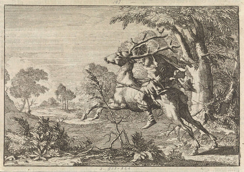 Man is tied to the back of a deer sent into the wilderness, 1666, Caspar Luyken, 1698 Canvas Print