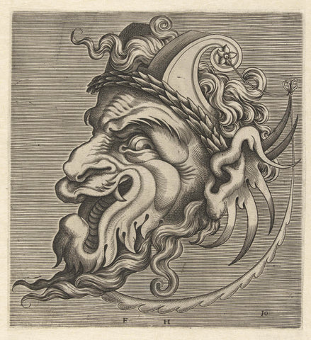 Mask and profile with two horns of roll work and a laurel wreath, Frans Huys, c. 1600 - c. 1650 Canvas Print