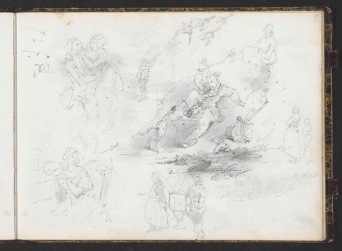 Study magazine with a love couple, hunter and falling man with dog, Lambertus Lingeman (attributed to), 1839 - 1894 Canvas Print