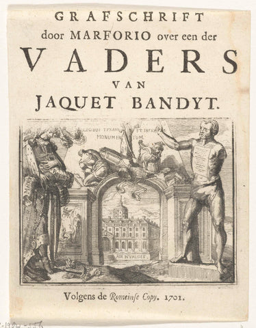 Titelblad voor het pamflet: Grafschrift door Marforio over een der Vaders van Jaquet Bandyt, 1701, Romeyn de Hooghe, 1701 Canvas Print