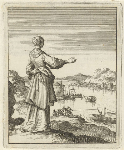 Woman looking out over a bay where a boat is pulled by a group of men, Jan Luyken, 1687 Canvas Print