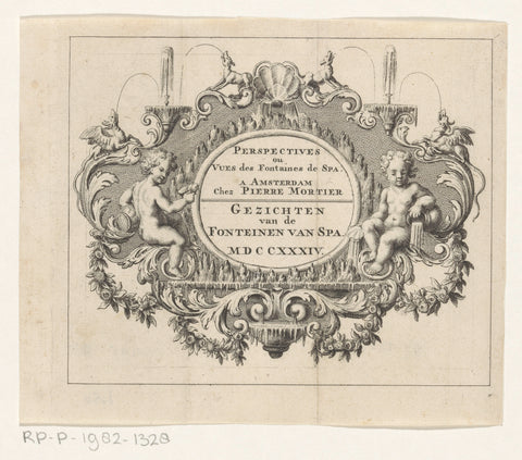 Cartouche met fonteinen en putti, anonymous, 1734 Canvas Print